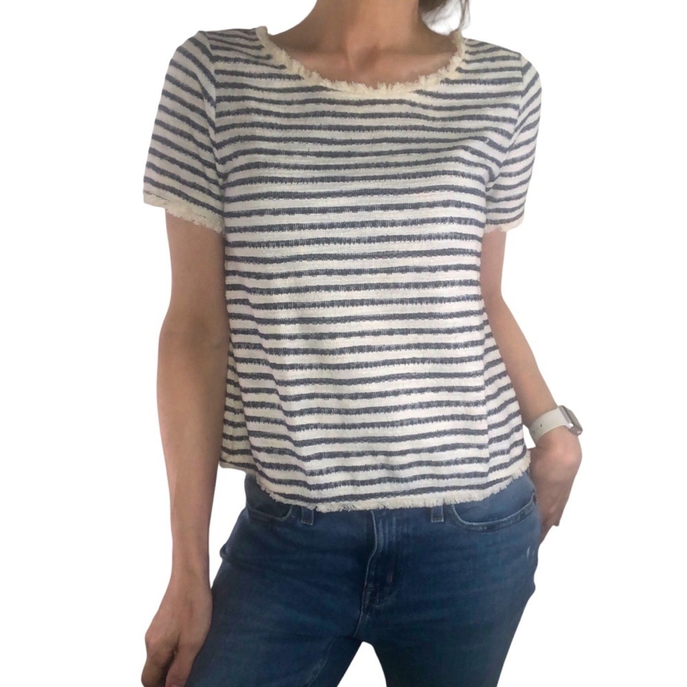 Green Envelope Sz S Knit Terry Fringe Hem Top Boxy Striped Blue White Preppy